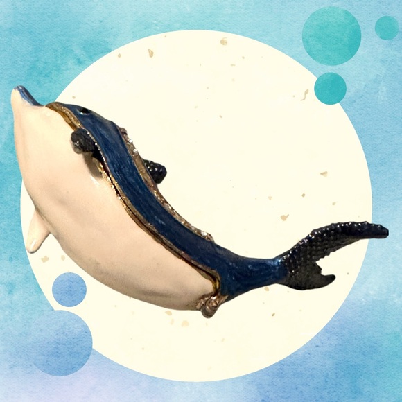 Blue Dolphin Enamel Hinged Magnetic Rhinestone Jewelry Trinket Box 3.5" - Picture 2 of 12